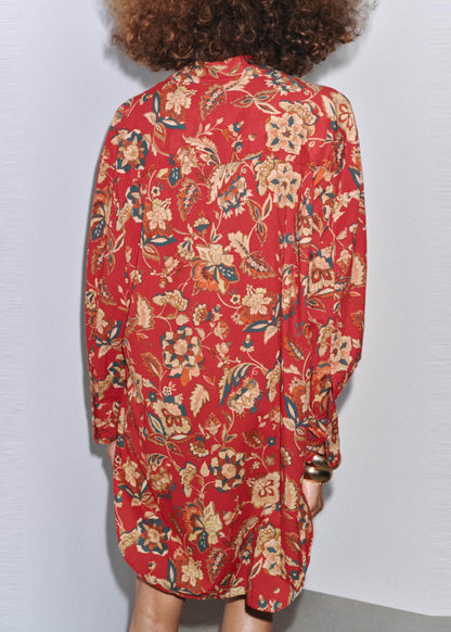 French Red Peter Pan Collar Print Cotton Shirt Dress Long Sleeve