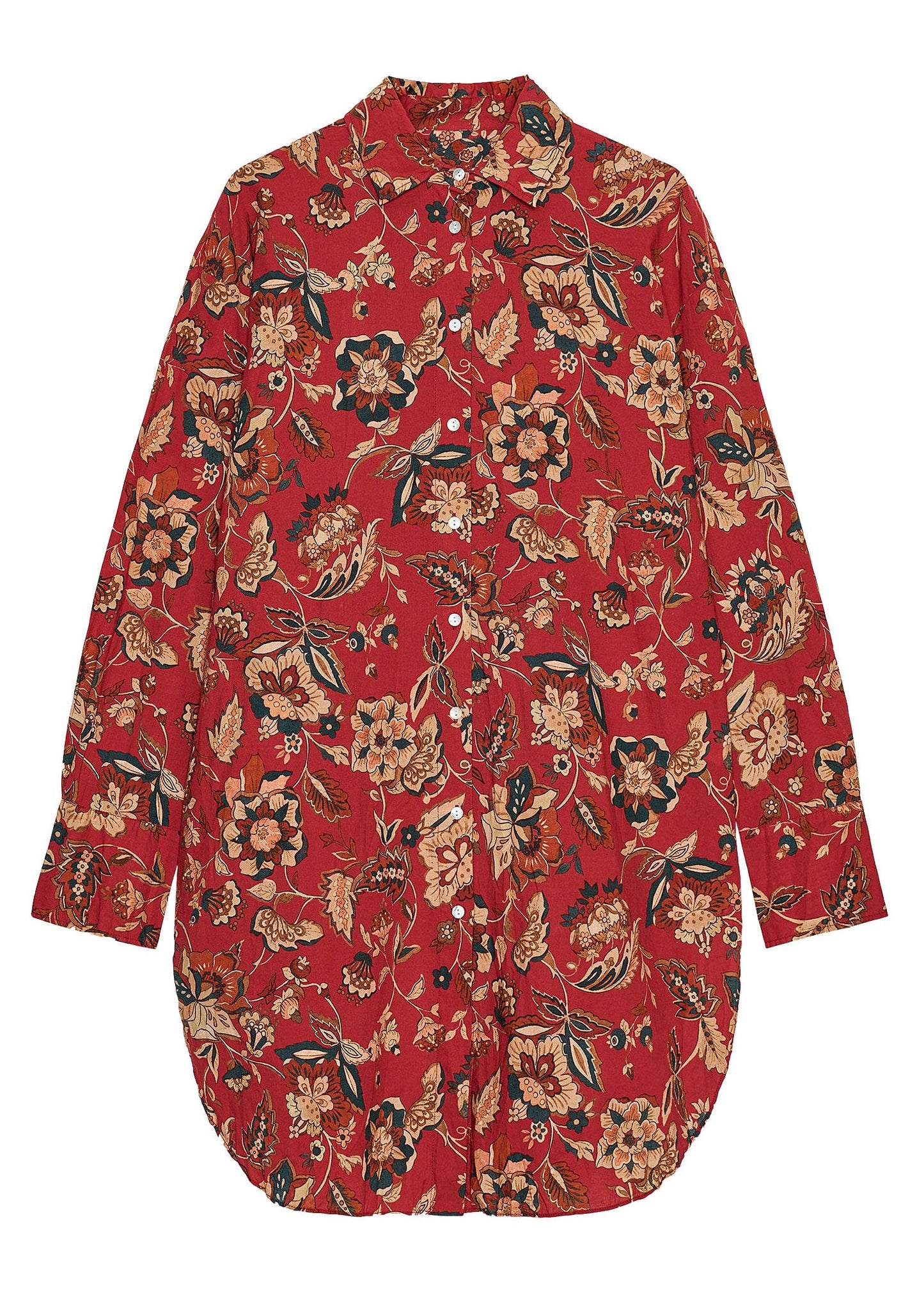 French Red Peter Pan Collar Print Cotton Shirt Dress Long Sleeve