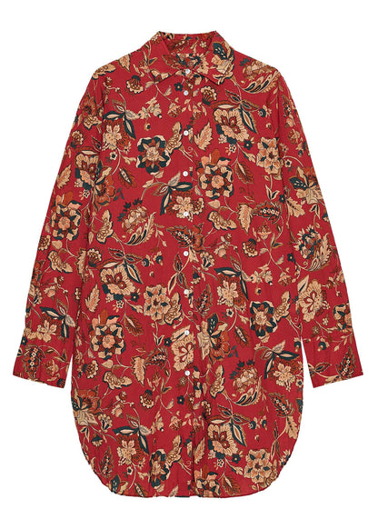 French Red Peter Pan Collar Print Cotton Shirt Dress Long Sleeve