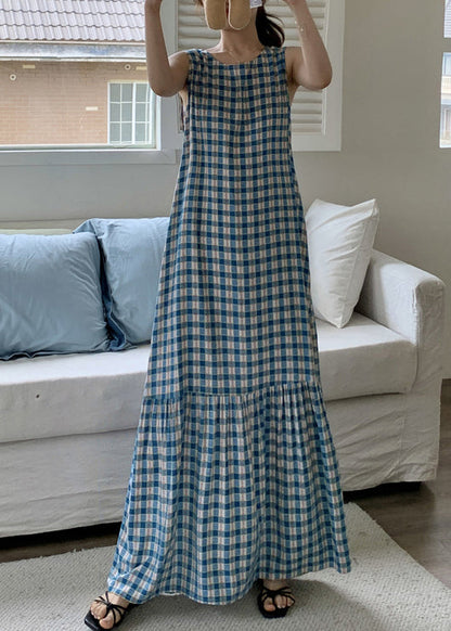 French Red Plaid Wrinkled Cotton Maxi Dress Sleeveless