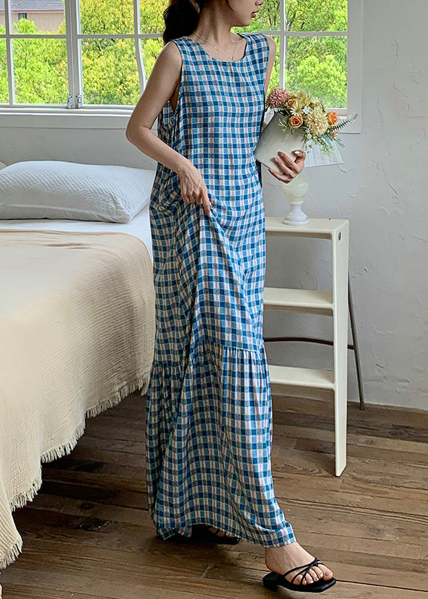 French Red Plaid Wrinkled Cotton Maxi Dress Sleeveless