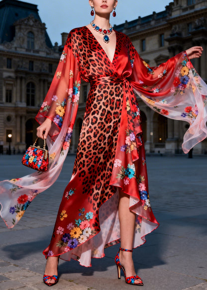 French Red Print Asymmetrical Design Patchwork Silk Long Dress Summer