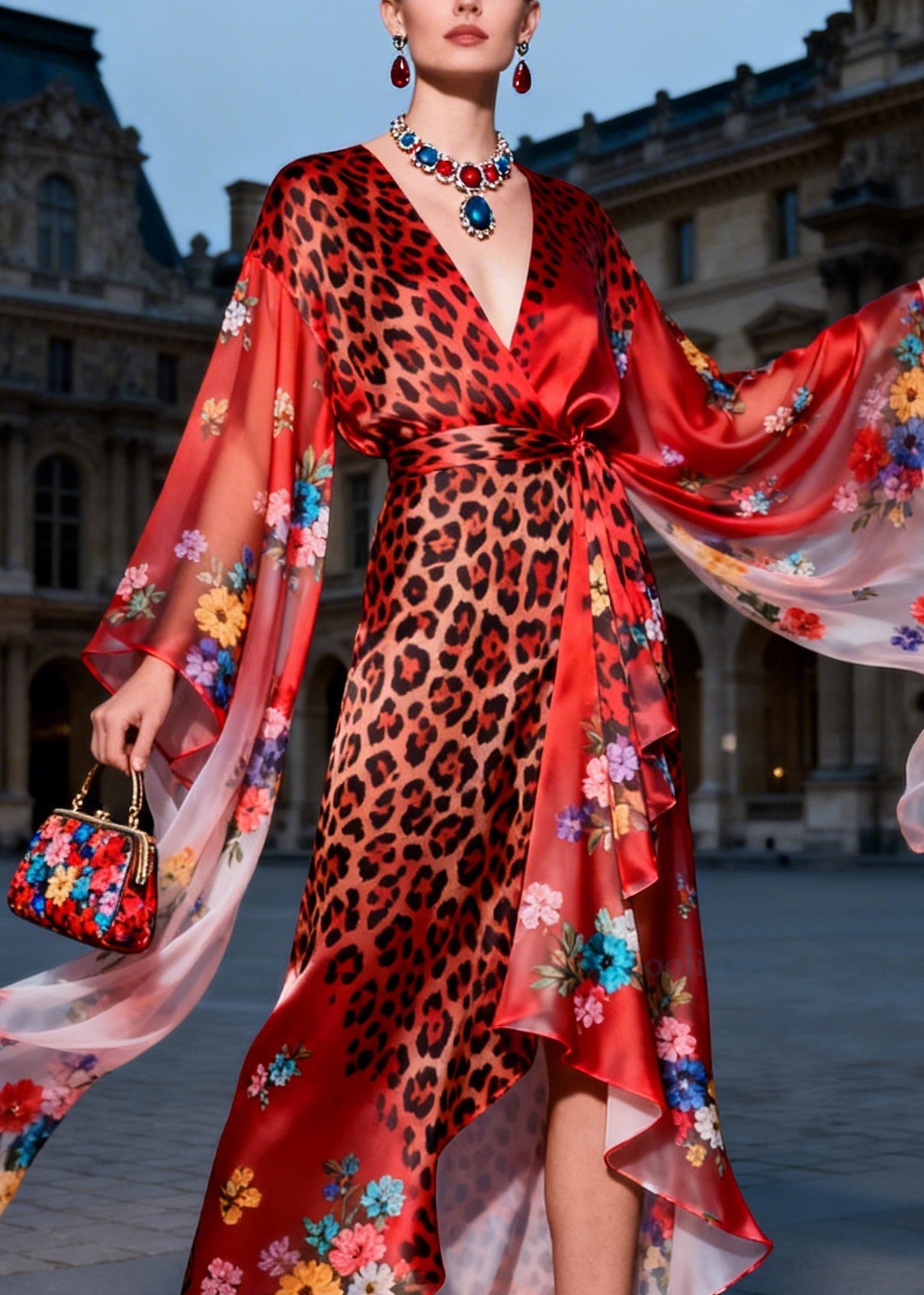 French Red Print Asymmetrical Design Patchwork Silk Long Dress Summer