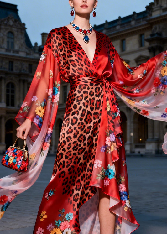 French Red Print Asymmetrical Design Patchwork Silk Long Dress Summer