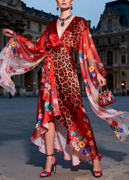 French Red Print Asymmetrical Design Patchwork Silk Long Dress Summer