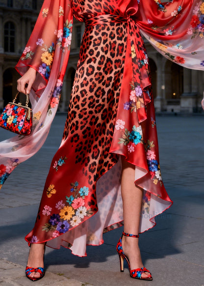 French Red Print Asymmetrical Design Patchwork Silk Long Dress Summer
