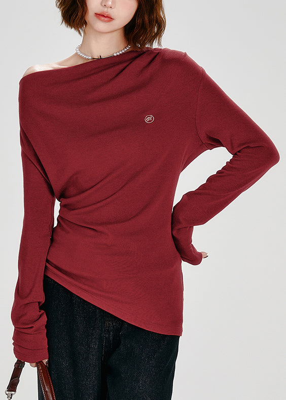 French Red Slash Neck Asymmetrical Cotton T Shirt Tops Spring