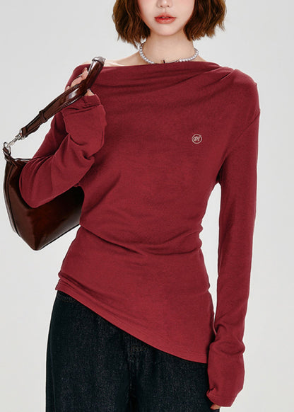 French Red Slash Neck Asymmetrical Cotton T Shirt Tops Spring