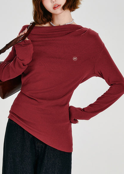 French Red Slash Neck Asymmetrical Cotton T Shirt Tops Spring