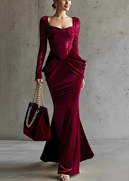 French Red Square Collar Wrinkled Patchwork Silk Velvet Dresses Spring