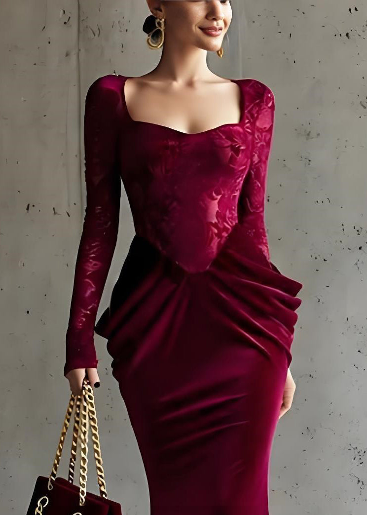 French Red Square Collar Wrinkled Patchwork Silk Velvet Dresses Spring