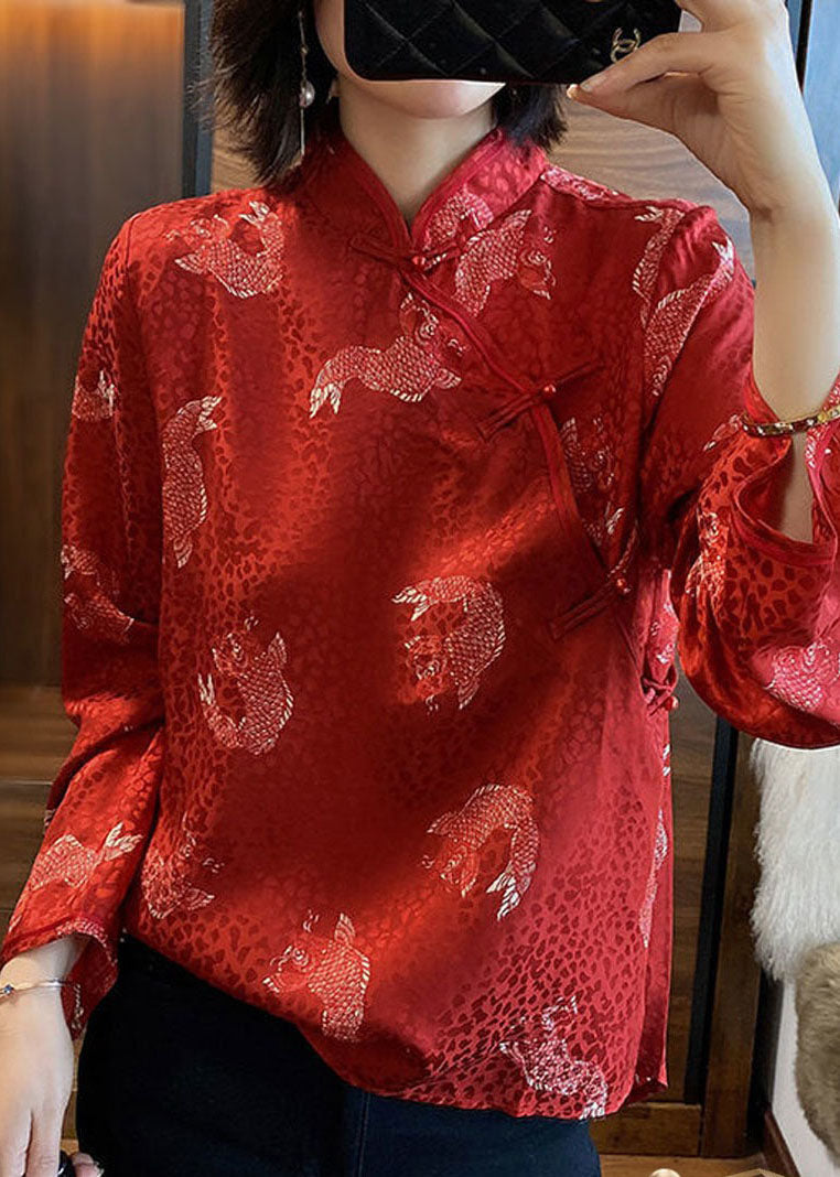 Französisch Rot Stehkragen taste druck Chiffon Bluse Tops Frühling