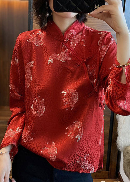 Französisch Rot Stehkragen taste druck Chiffon Bluse Tops Frühling