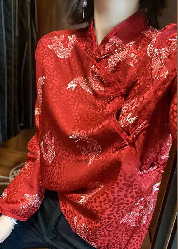 Französisch Rot Stehkragen taste druck Chiffon Bluse Tops Frühling