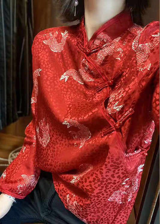 Französisch Rot Stehkragen taste druck Chiffon Bluse Tops Frühling