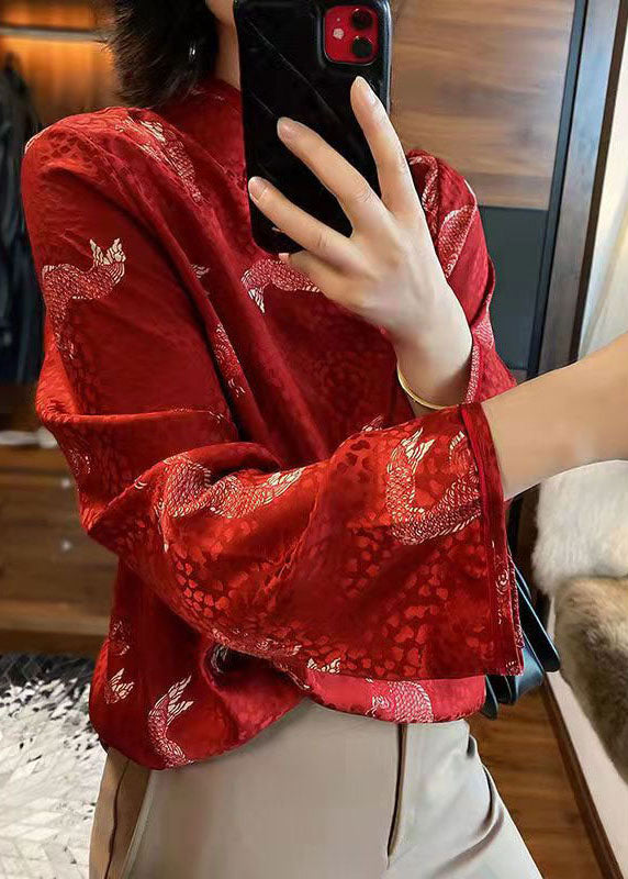Französisch Rot Stehkragen taste druck Chiffon Bluse Tops Frühling