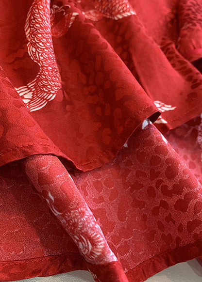 Französisch Rot Stehkragen taste druck Chiffon Bluse Tops Frühling