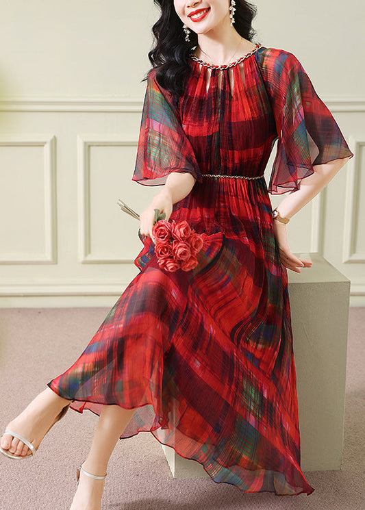 Französisches rotes Tunika-Kleid mit Print aus geknitterter Seide für den Sommer