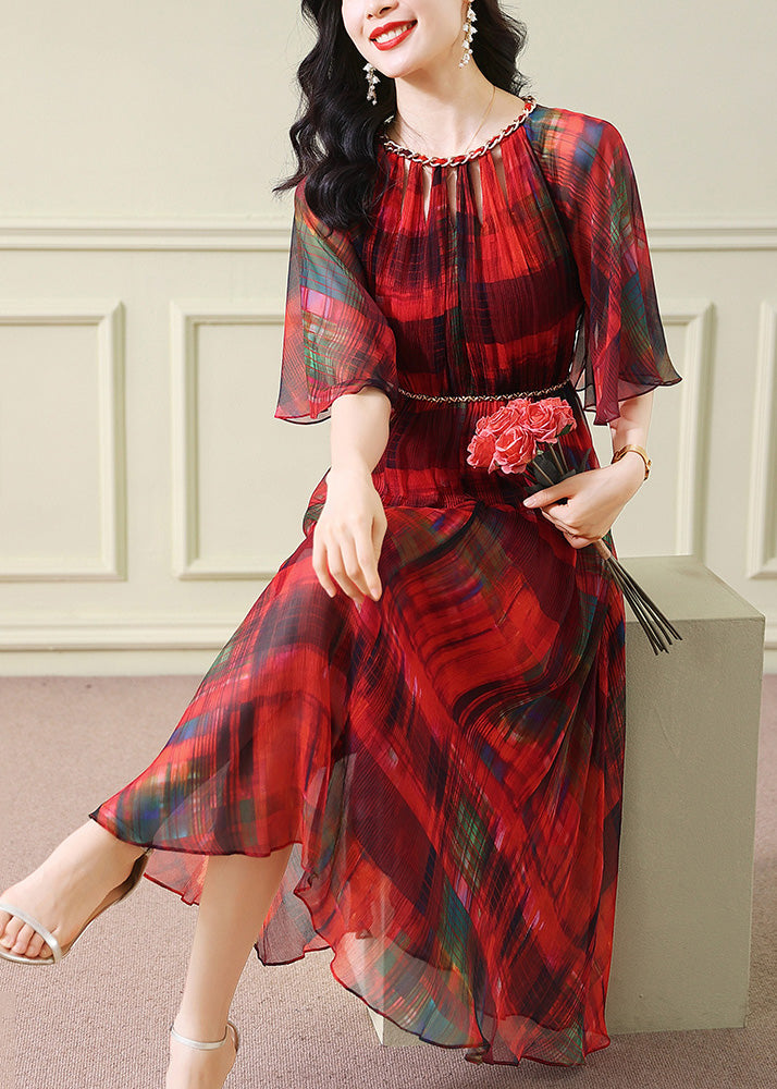 Vestido de noche de verano de seda arrugada con estampado de túnica roja francesa