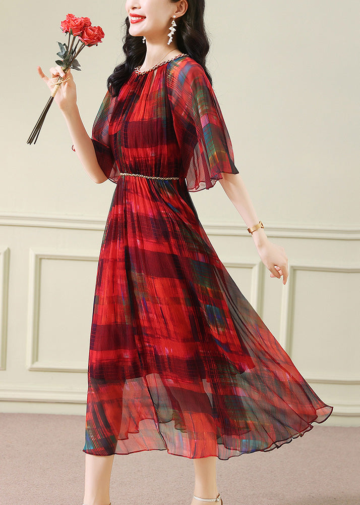 Vestido de noche de verano de seda arrugada con estampado de túnica roja francesa