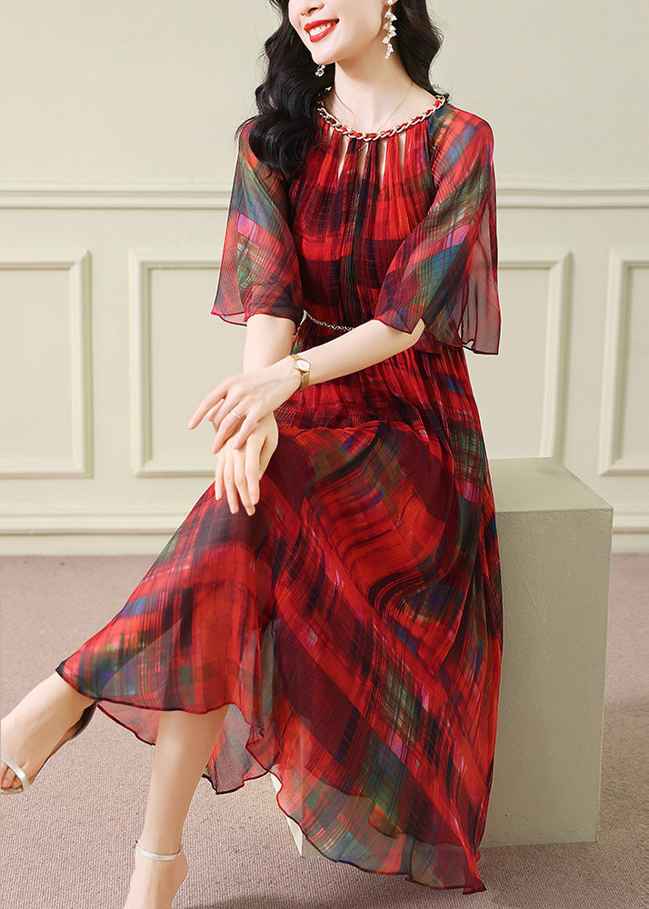 Vestido de noche de verano de seda arrugada con estampado de túnica roja francesa