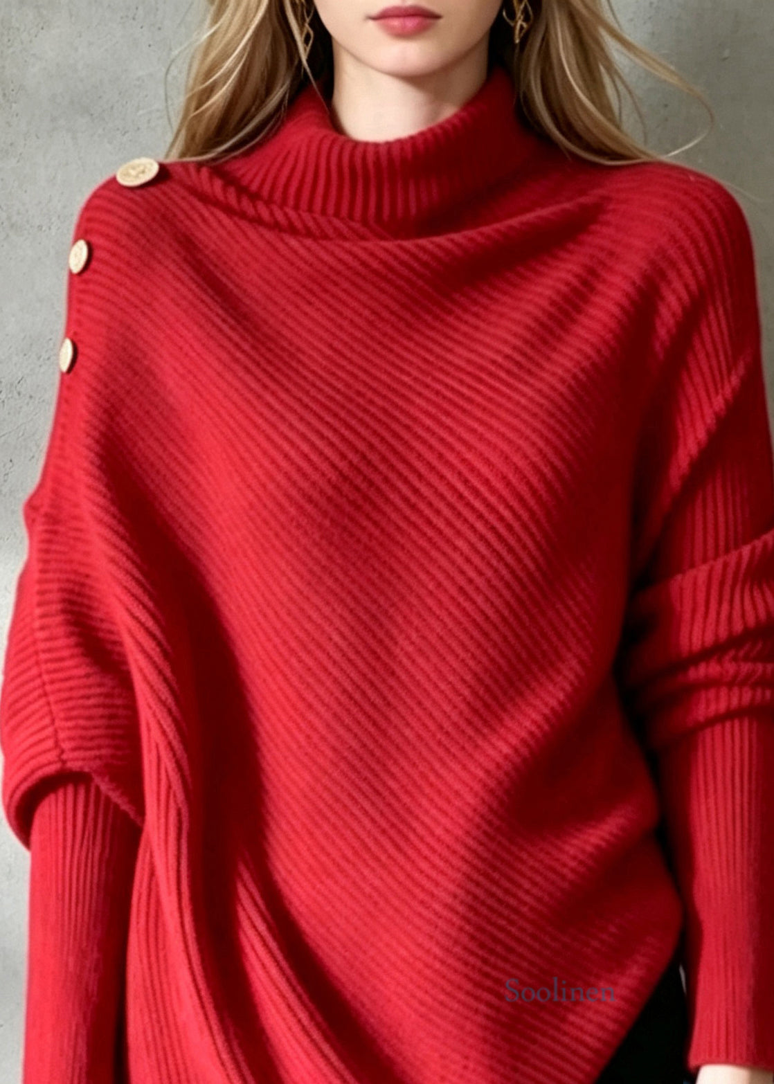 French Red Turtleneck Asymmetrical Knit Pullover Long Sleeve