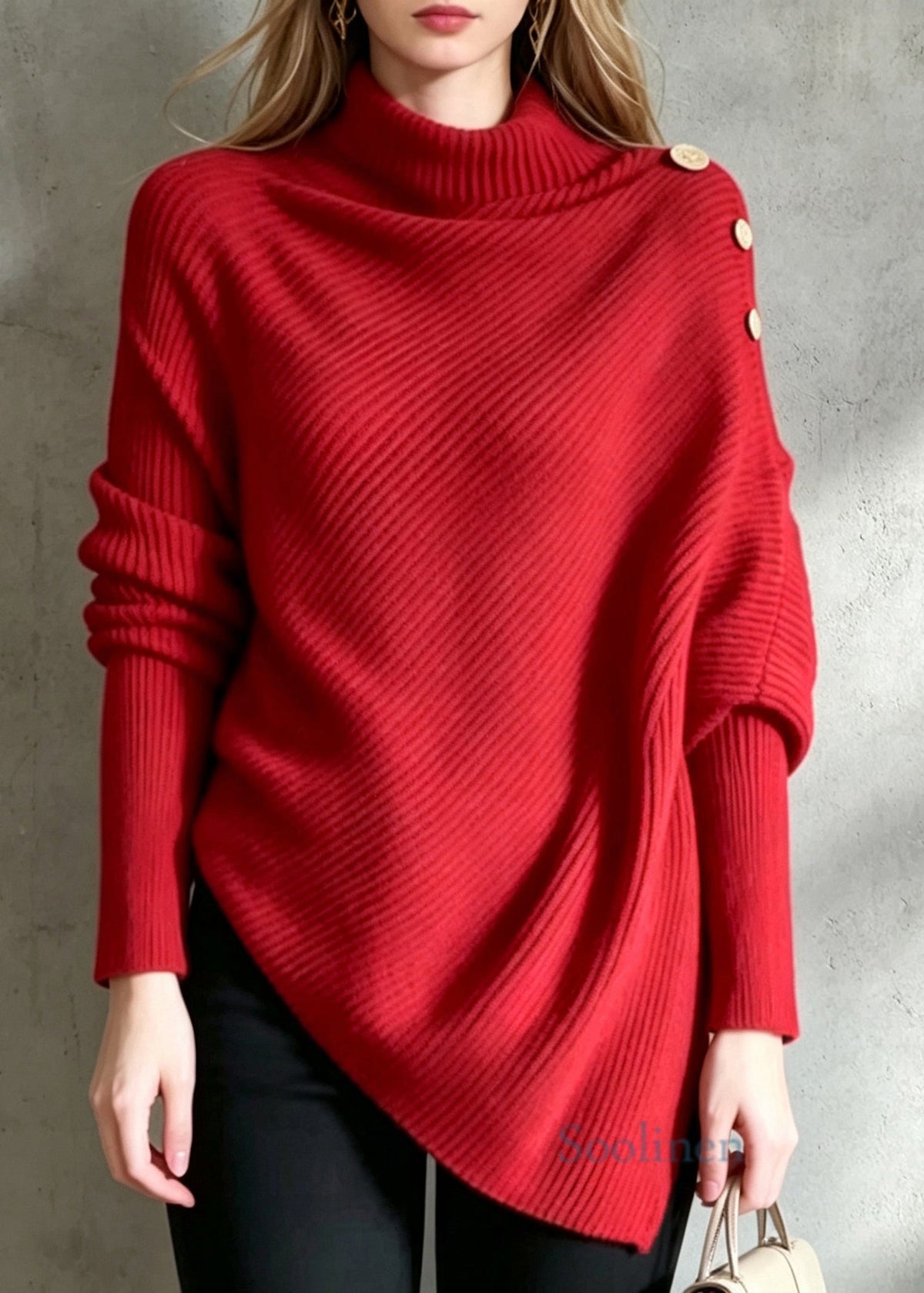French Red Turtleneck Asymmetrical Knit Pullover Long Sleeve