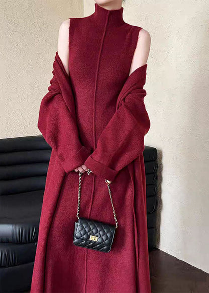 French Red V Neck Coat And Tank Dress Knit Two Pieces Set Spring