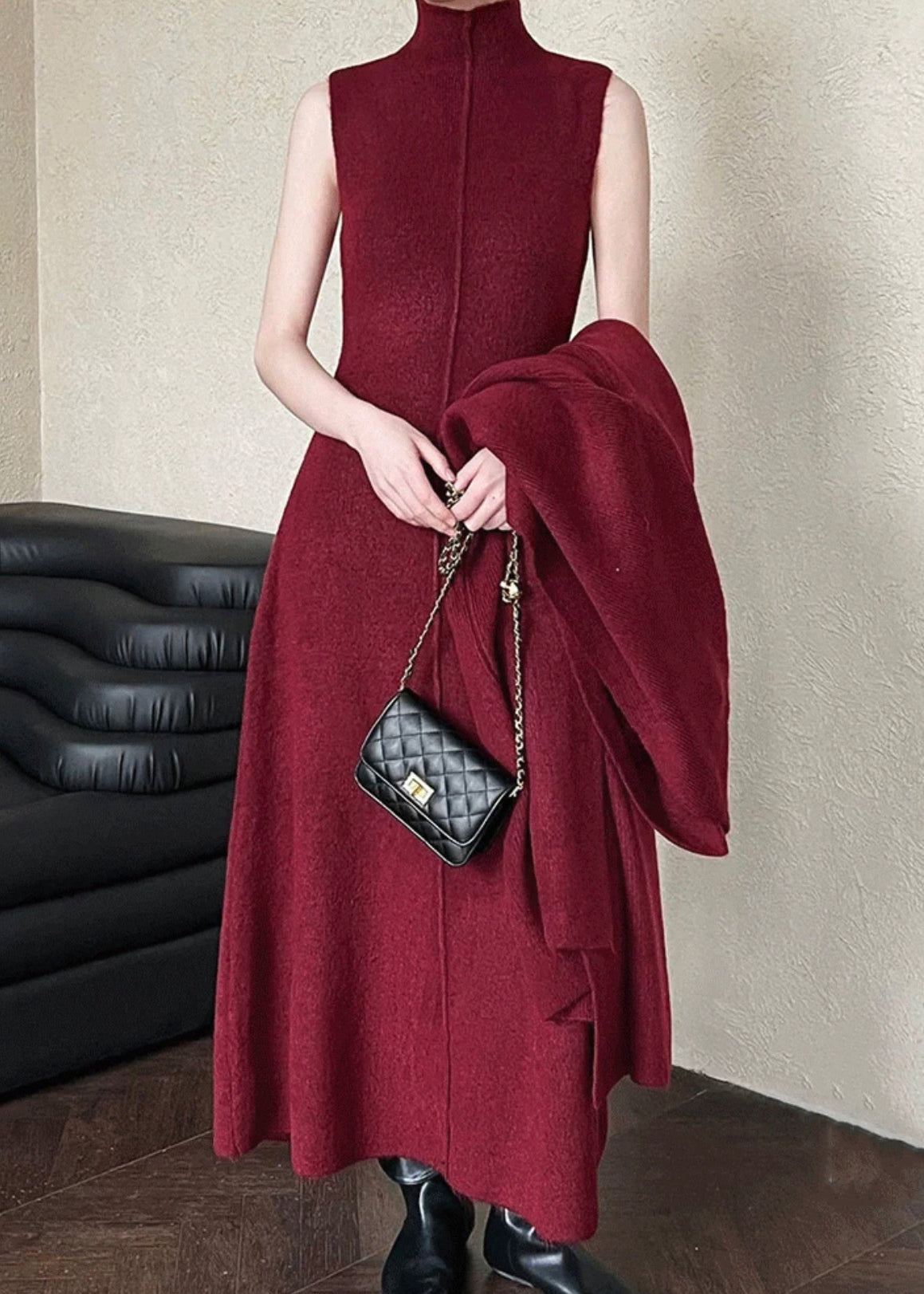 French Red V Neck Coat And Tank Dress Knit Two Pieces Set Spring