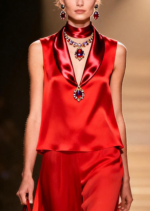 French Red V Neck Draping Chiffon Two Piece Set Women Clothing Sleeveless