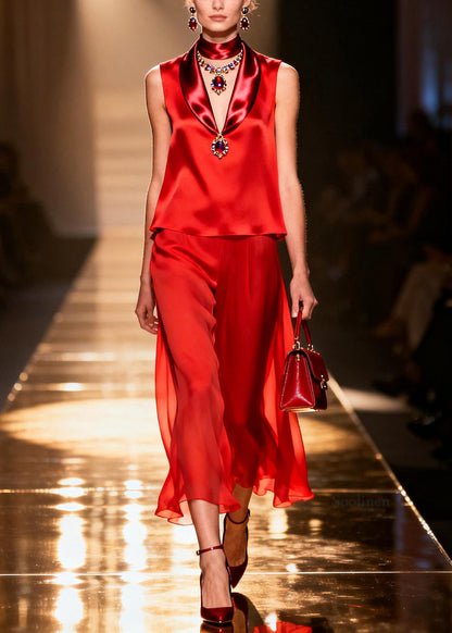French Red V Neck Draping Chiffon Two Piece Set Women Clothing Sleeveless