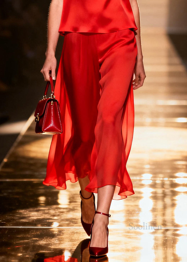 French Red V Neck Draping Chiffon Two Piece Set Women Clothing Sleeveless