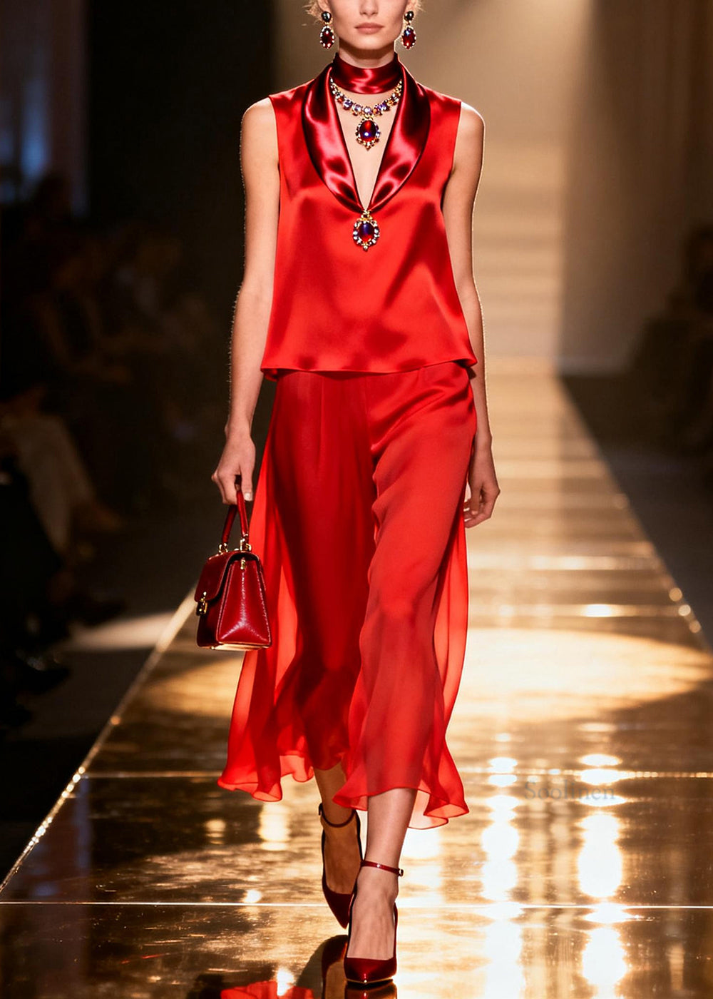 French Red V Neck Draping Chiffon Two Piece Set Women Clothing Sleeveless