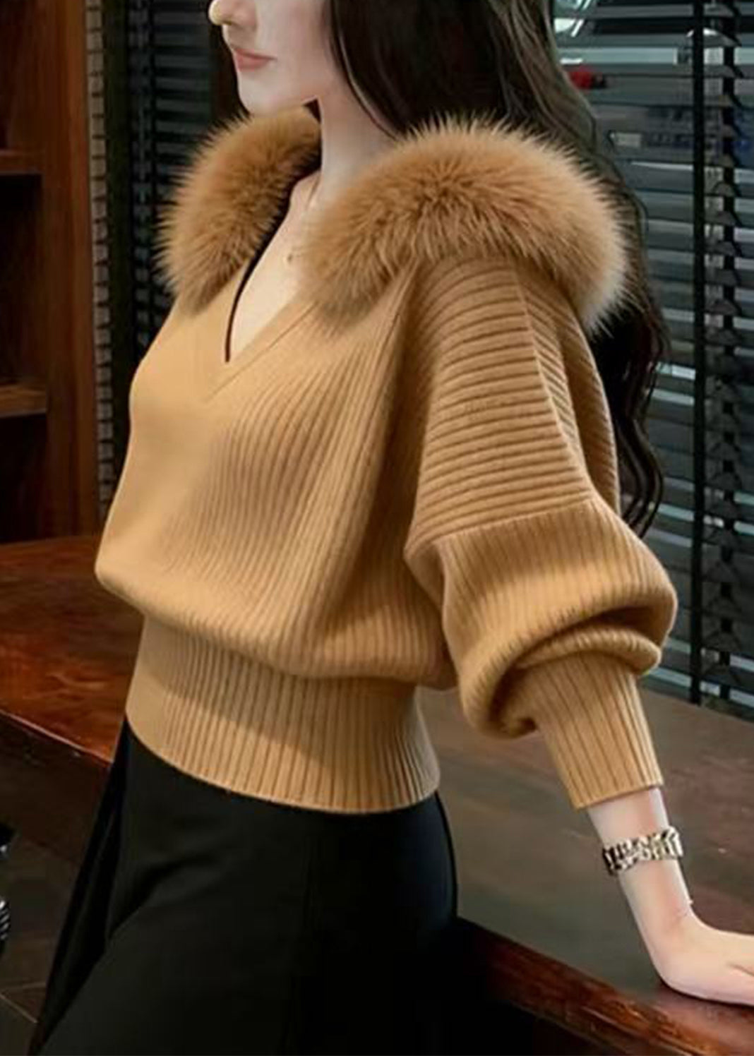 French Red V Neck Fur Collar Warm Knit Shirts Winter