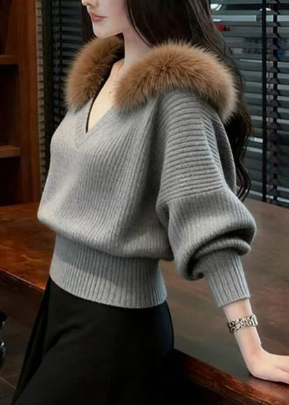 French Red V Neck Fur Collar Warm Knit Shirts Winter