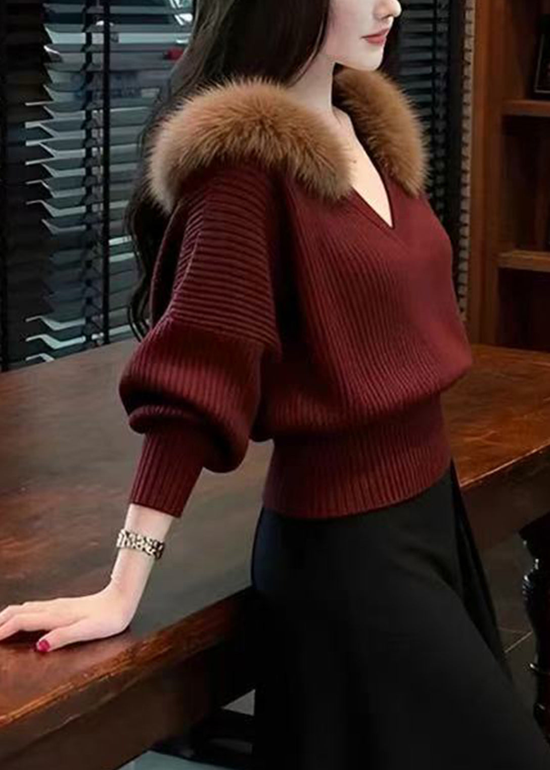 French Red V Neck Fur Collar Warm Knit Shirts Winter