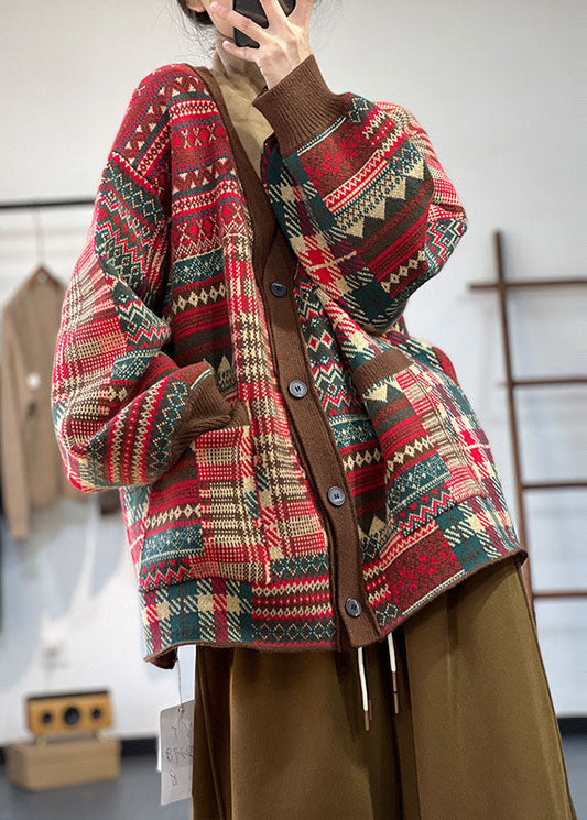 Französisch Rot V-Ausschnitt Print Taschen Stricken Lose Strickjacke Winter