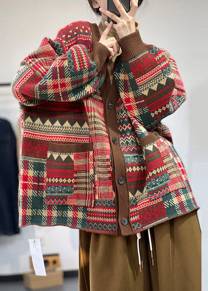 Französisch Rot V-Ausschnitt Print Taschen Stricken Lose Strickjacke Winter