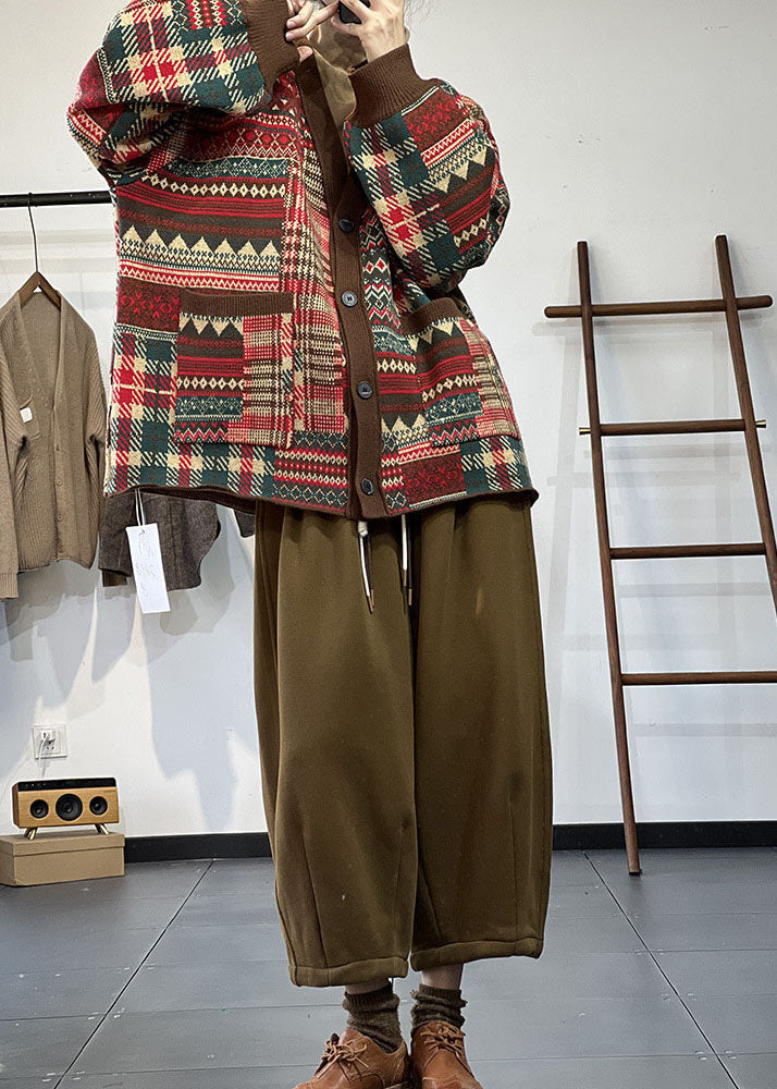 Französisch Rot V-Ausschnitt Print Taschen Stricken Lose Strickjacke Winter