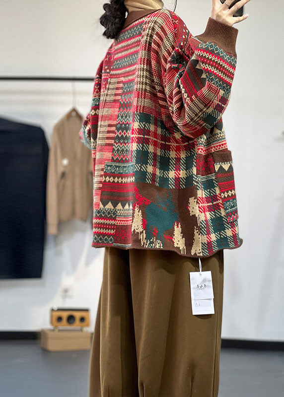 Französisch Rot V-Ausschnitt Print Taschen Stricken Lose Strickjacke Winter