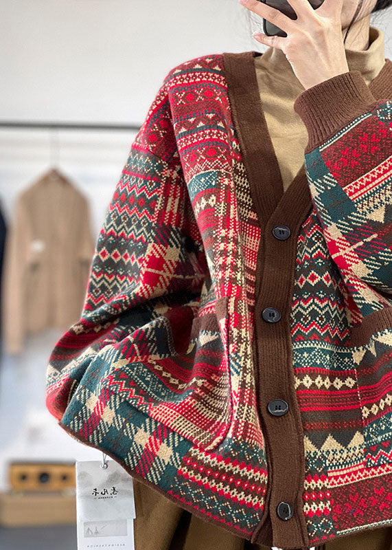 Französisch Rot V-Ausschnitt Print Taschen Stricken Lose Strickjacke Winter