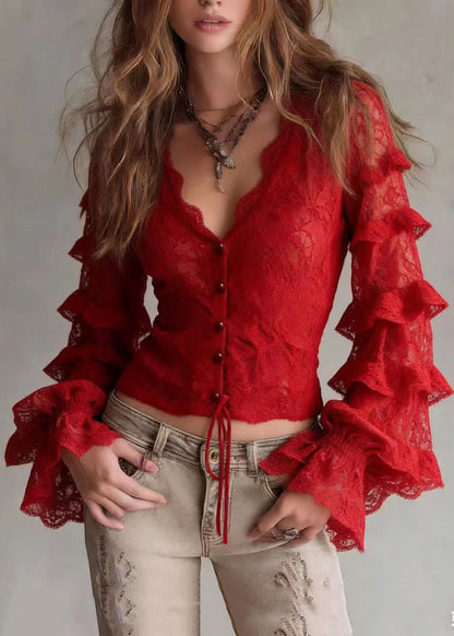 French Red V Neck Ruffled Patchwork Lace Top Spring