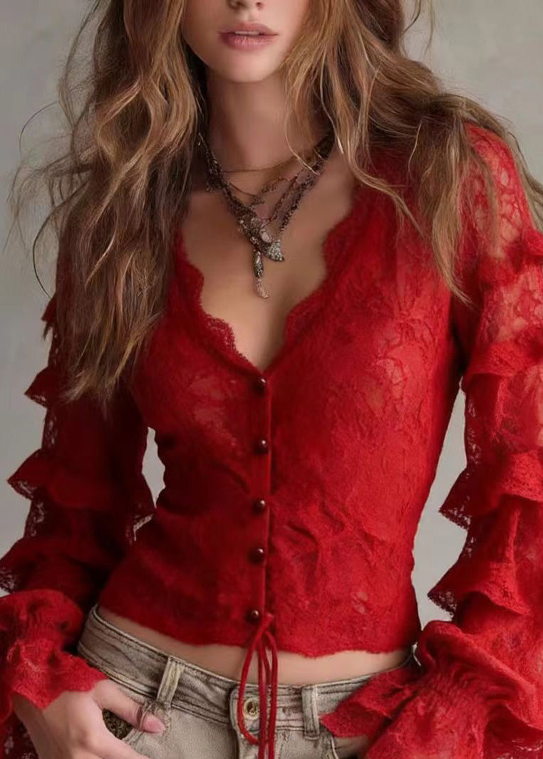 French Red V Neck Ruffled Patchwork Lace Top Spring