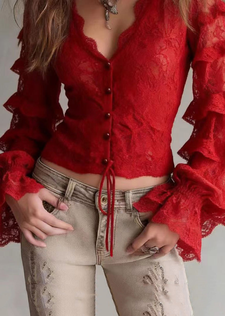 French Red V Neck Ruffled Patchwork Lace Top Spring