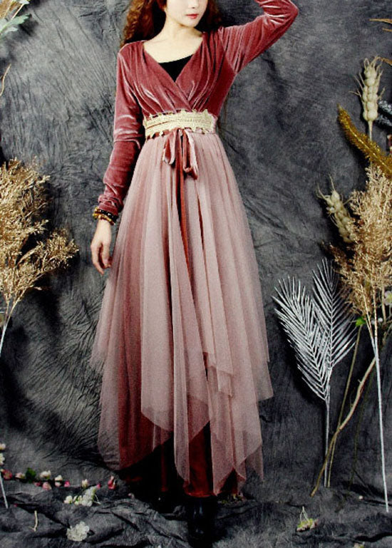 Französisch Rot V-Ausschnitt Tüll Patchwork Seide Velours Urlaub Kleider Frühling