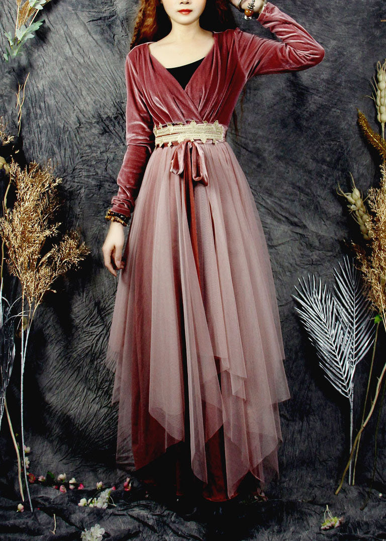 Französisch Rot V-Ausschnitt Tüll Patchwork Seide Velours Urlaub Kleider Frühling