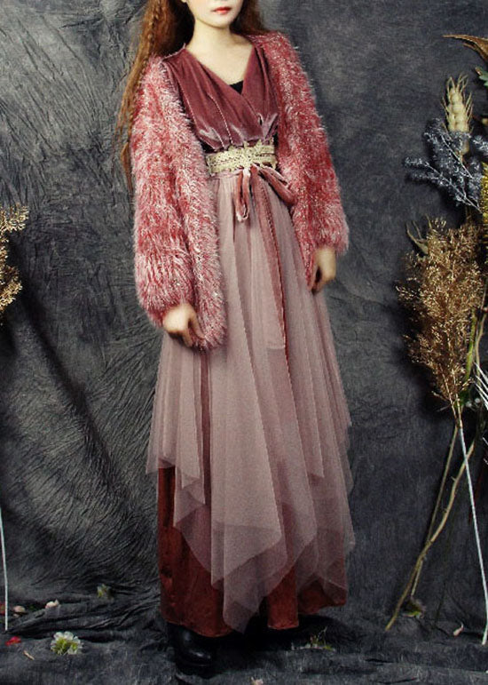 Französisch Rot V-Ausschnitt Tüll Patchwork Seide Velours Urlaub Kleider Frühling