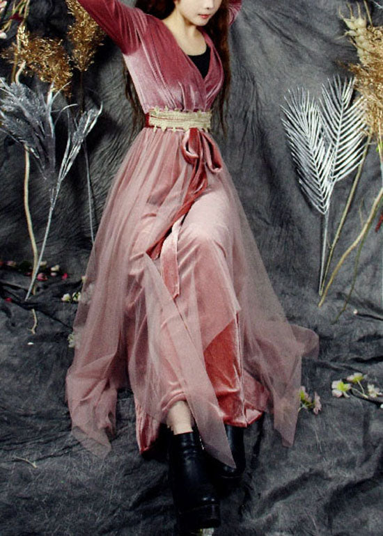 Französisch Rot V-Ausschnitt Tüll Patchwork Seide Velours Urlaub Kleider Frühling