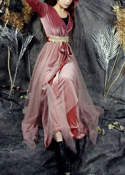 Französisch Rot V-Ausschnitt Tüll Patchwork Seide Velours Urlaub Kleider Frühling