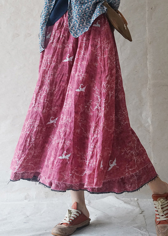 Französisch Rot elastische taille kordelzug tasche druck Leinen Röcke Frühling